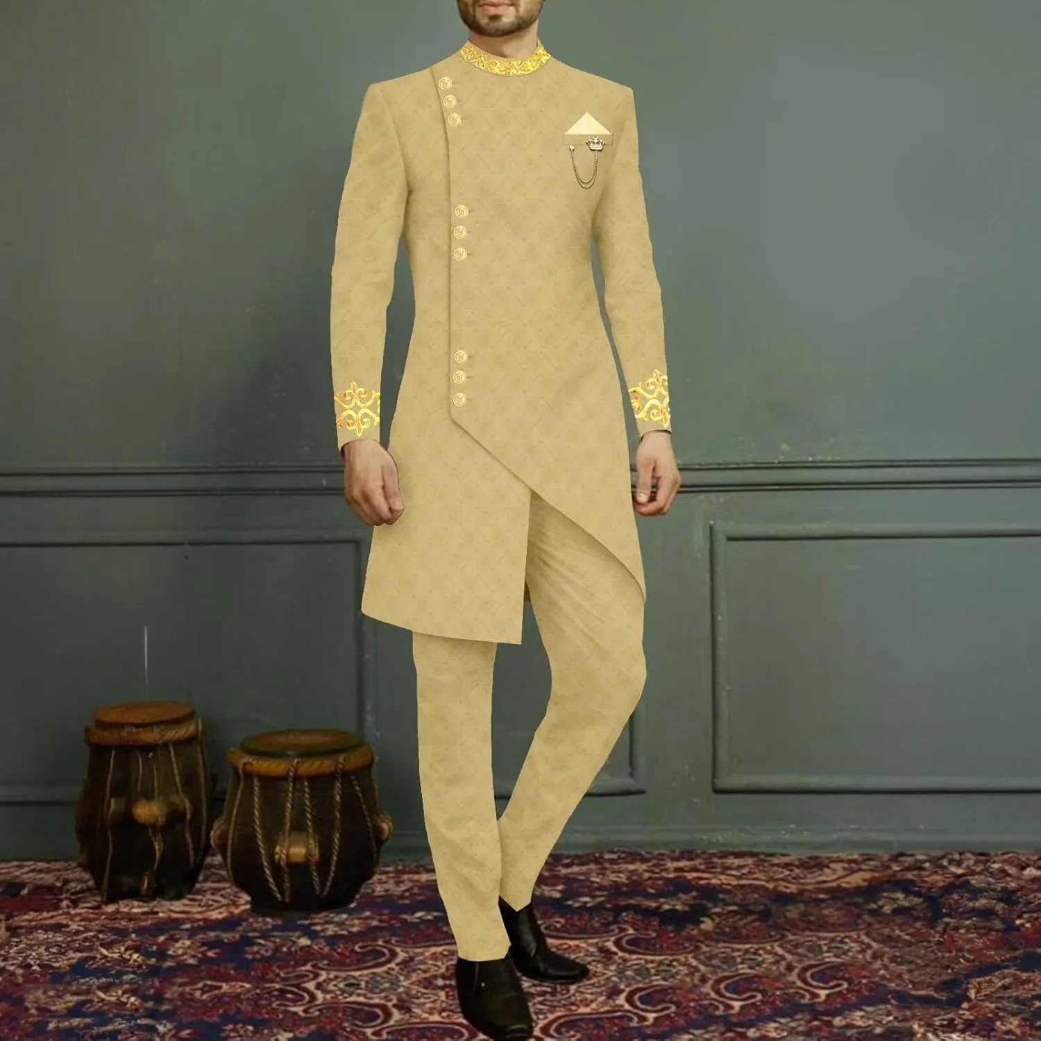 Men`s Suit Slim Fit Embroidery Single Breated Blazer and Pants Set African Clothes Formal Outfits