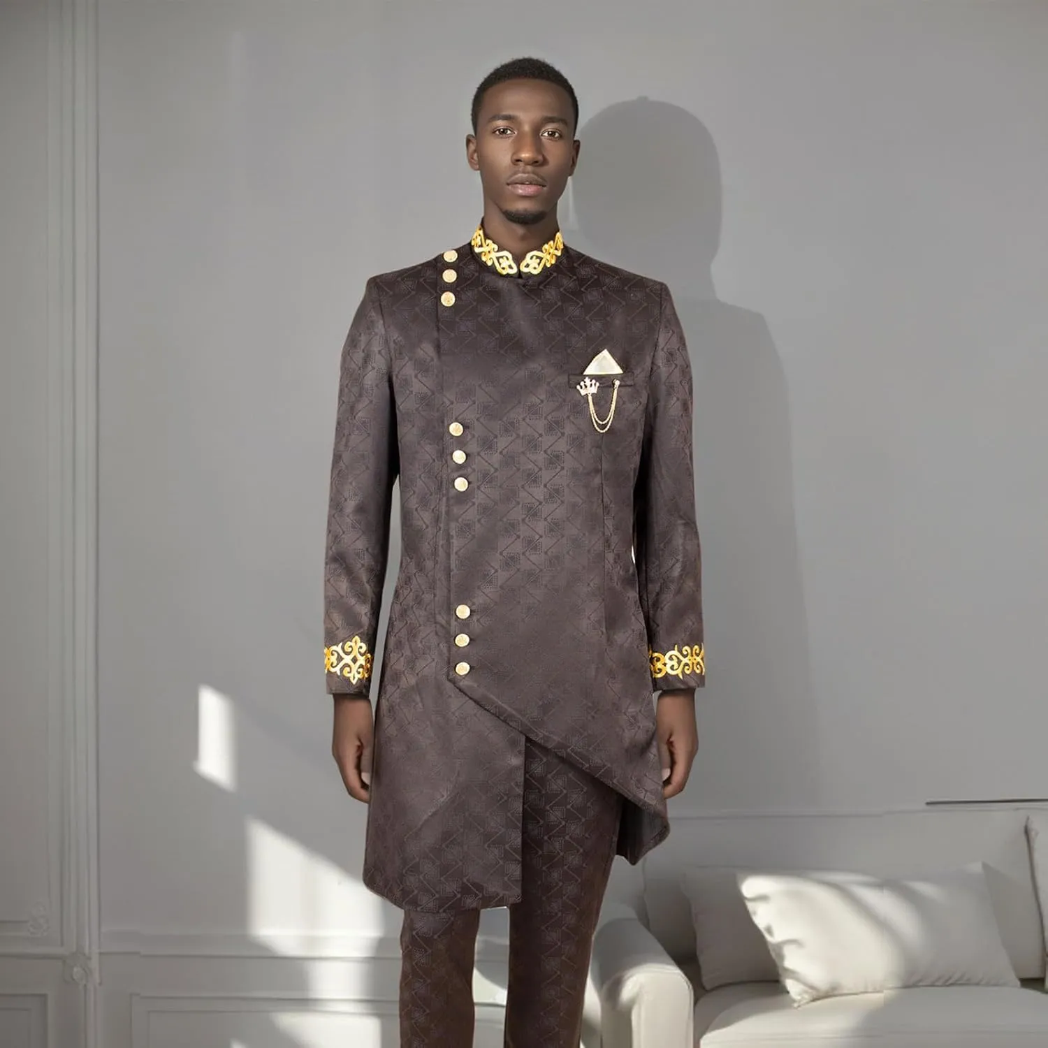 Men`s Suit Slim Fit Embroidery Single Breated Blazer and Pants Set African Clothes Formal Outfits