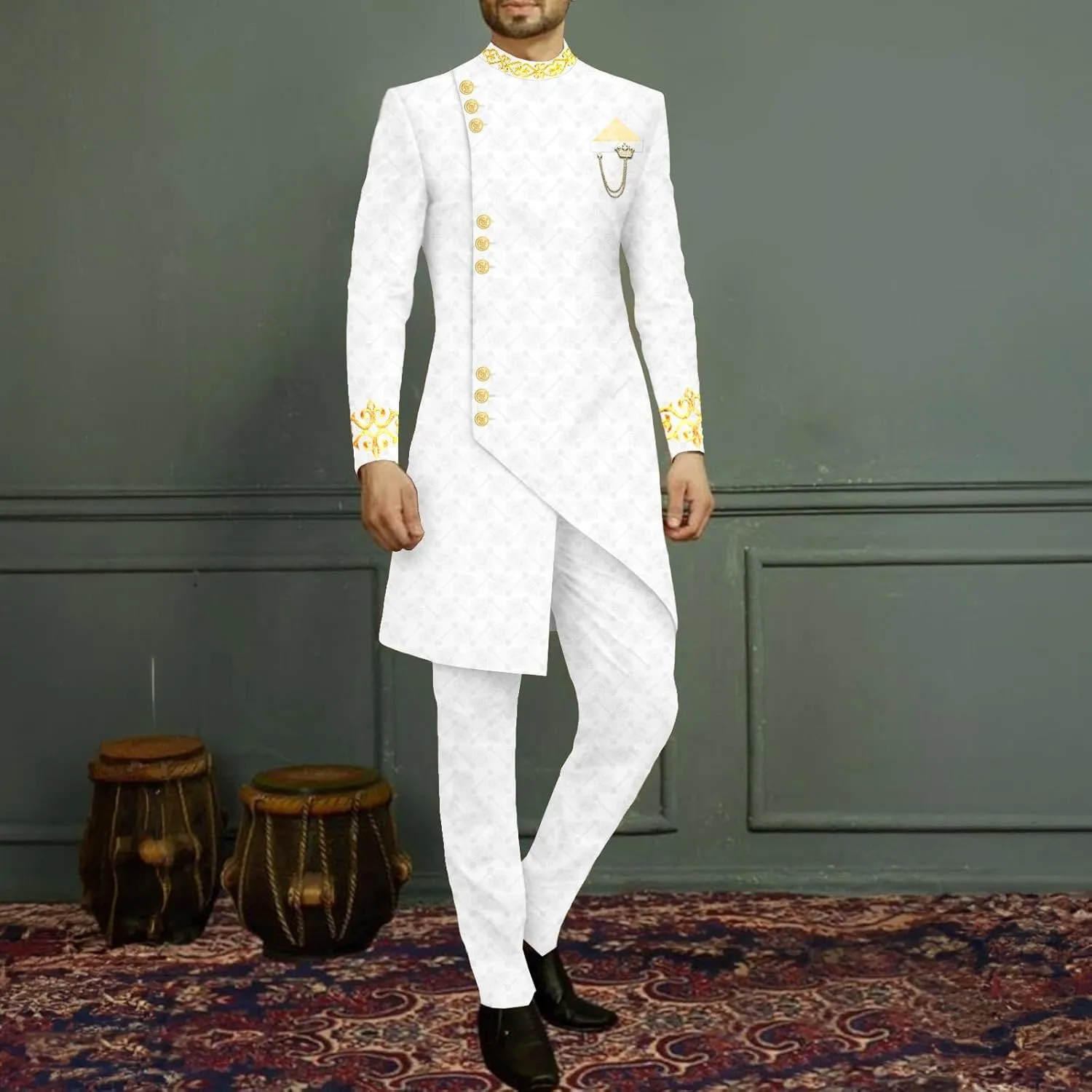 Men`s Suit Slim Fit Embroidery Single Breated Blazer and Pants Set African Clothes Formal Outfits