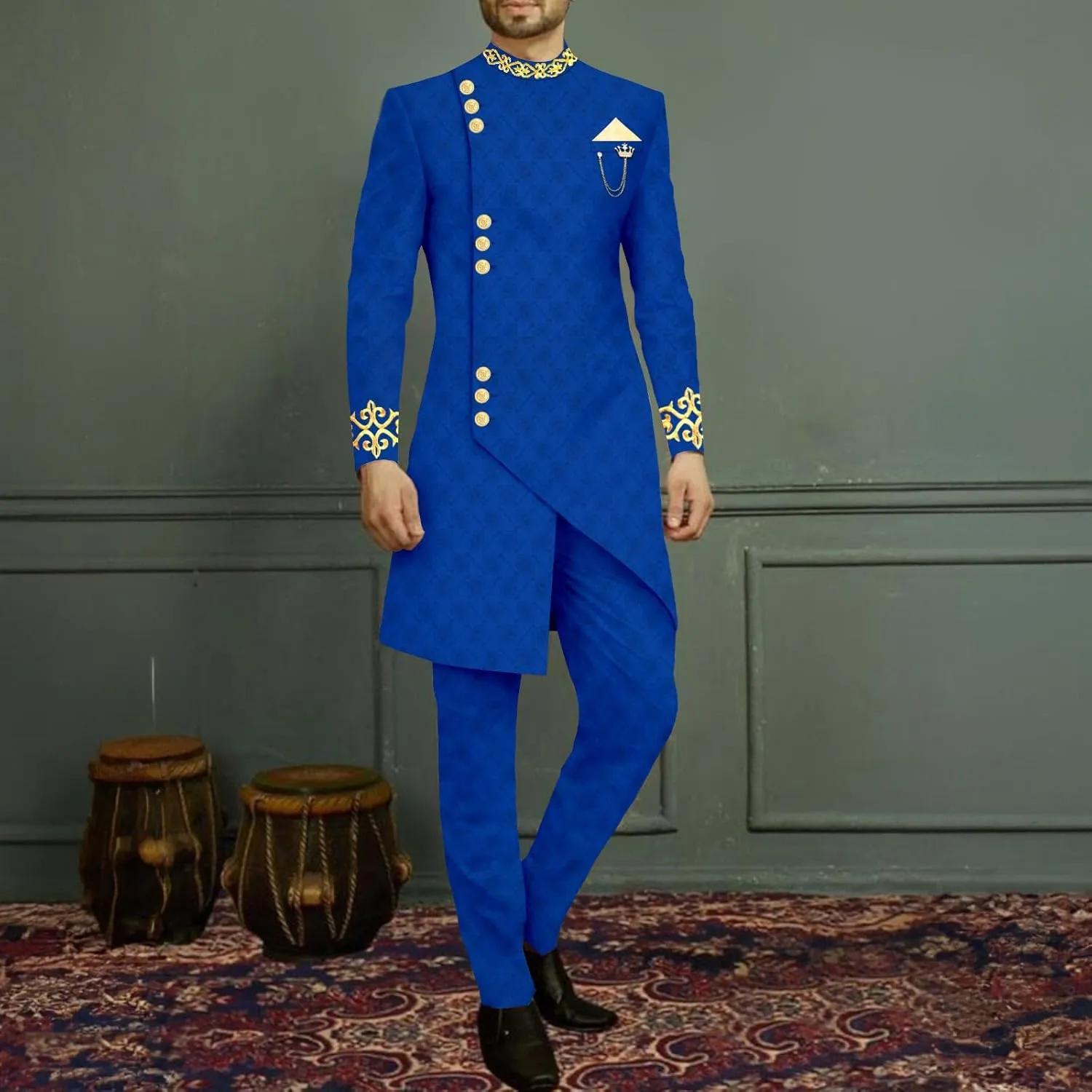 Men`s Suit Slim Fit Embroidery Single Breated Blazer and Pants Set African Clothes Formal Outfits