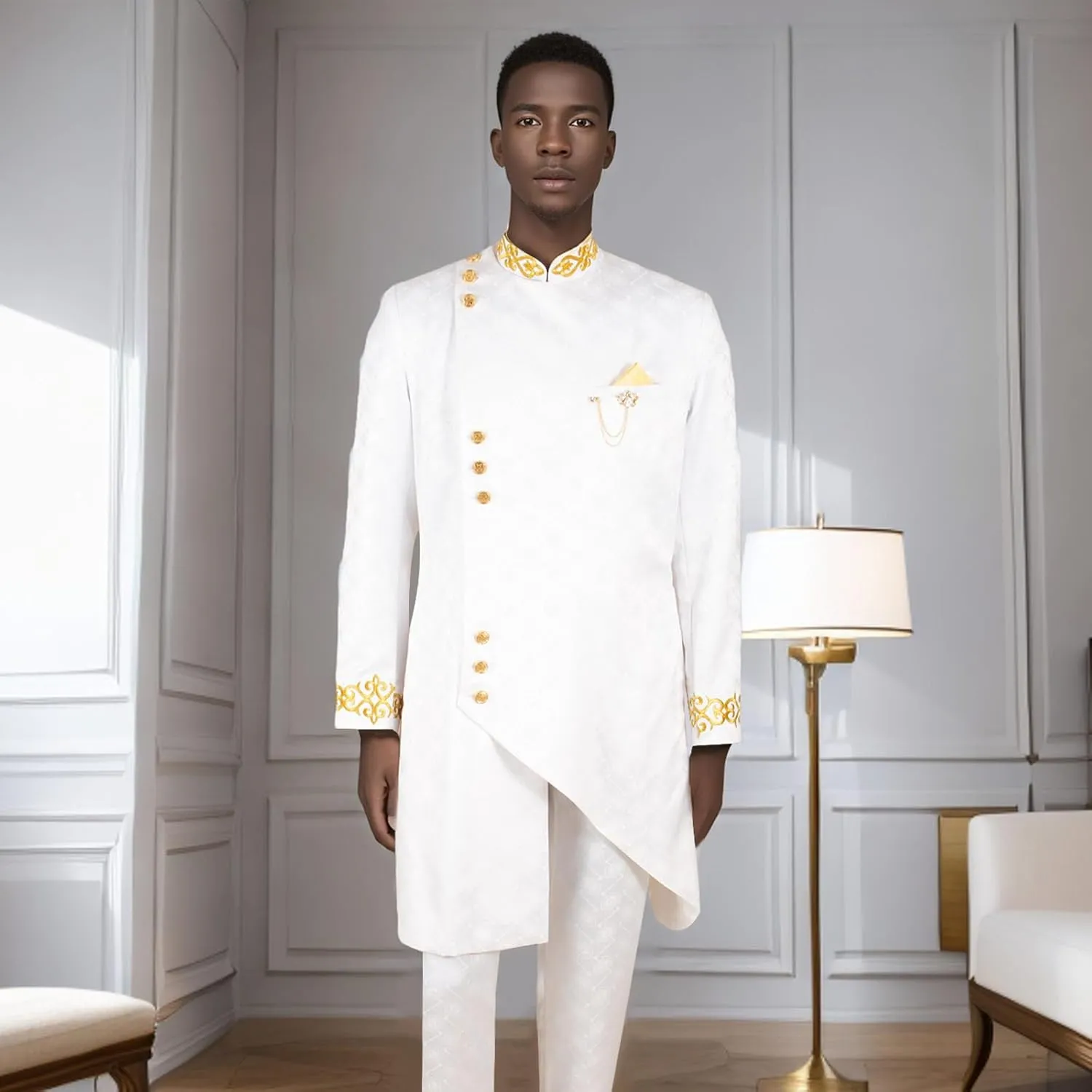Men`s Suit Slim Fit Embroidery Single Breated Blazer and Pants Set African Clothes Formal Outfits