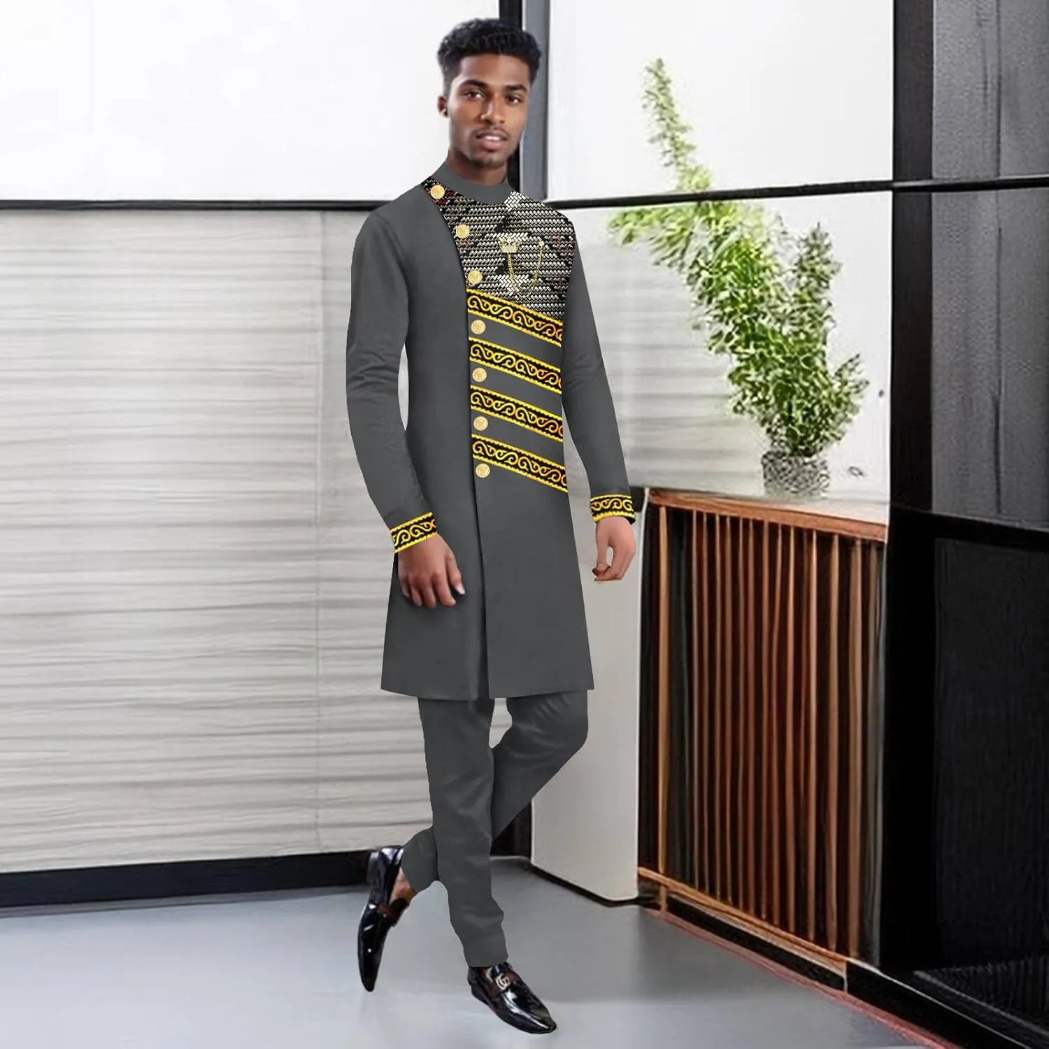 Men`s Suits Slim Fit Single Breasted Print Embroidery Blazer and Trousers Set Bussiness Suit African Clothes