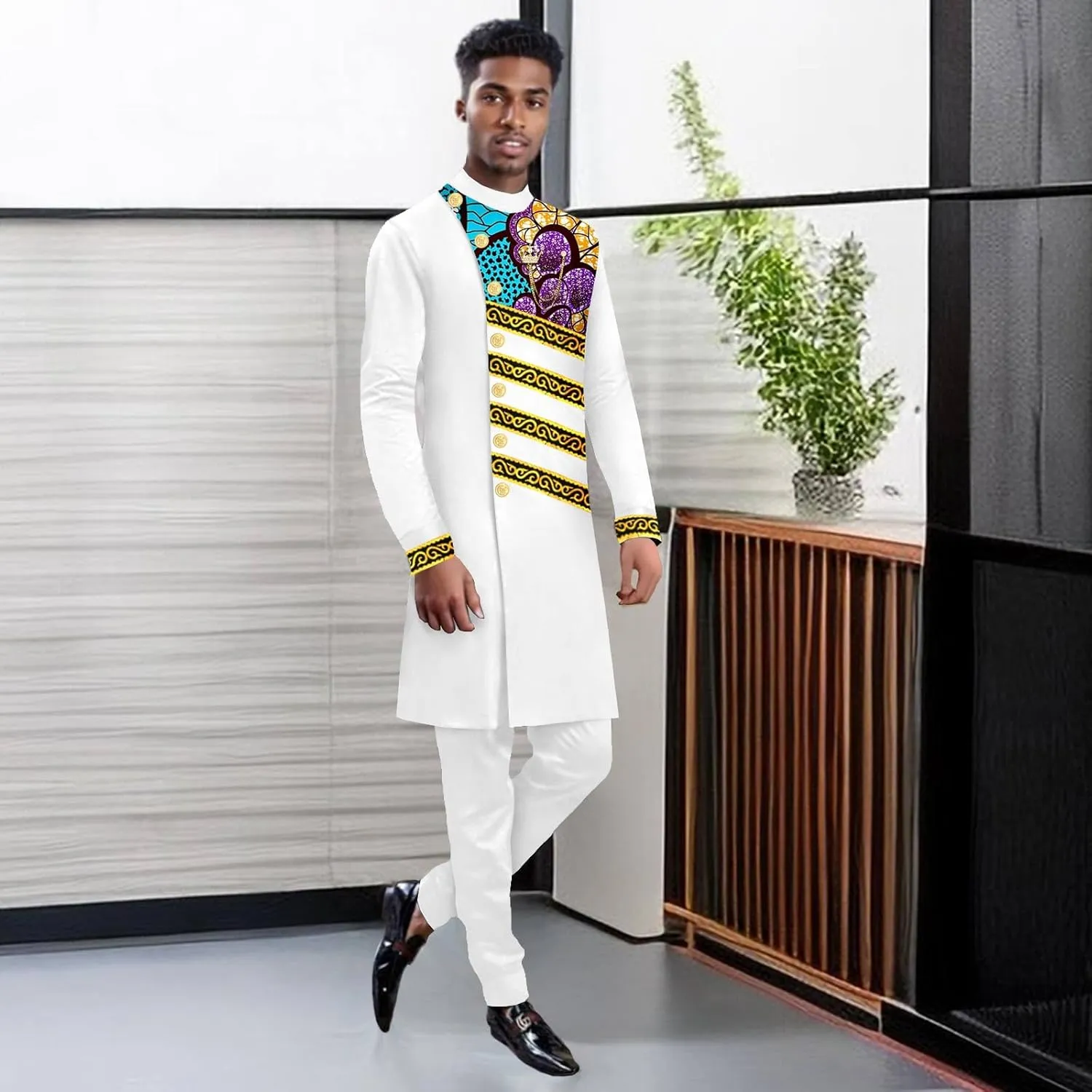 Men`s Suits Slim Fit Single Breasted Print Embroidery Blazer and Trousers Set Bussiness Suit African Clothes