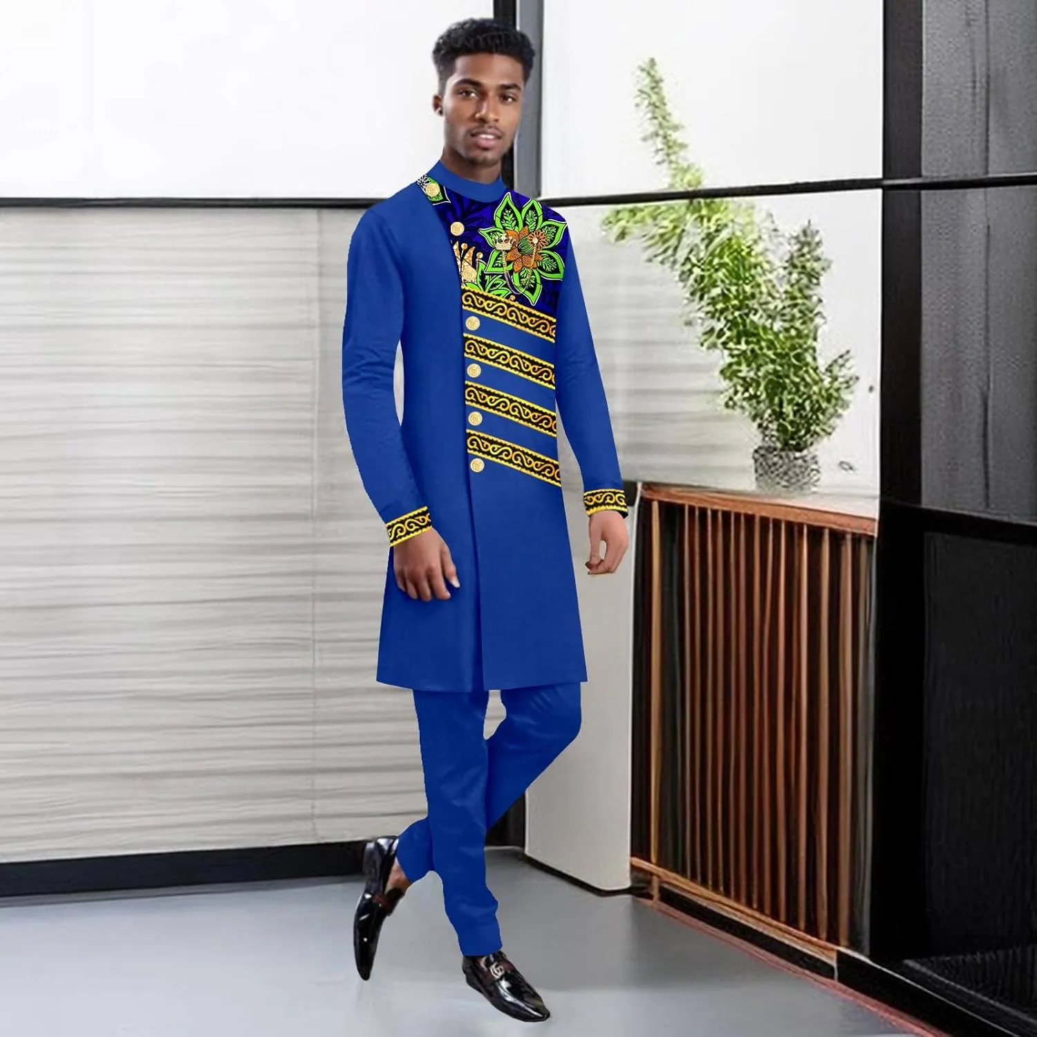 Men`s Suits Slim Fit Single Breasted Print Embroidery Blazer and Trousers Set Bussiness Suit African Clothes