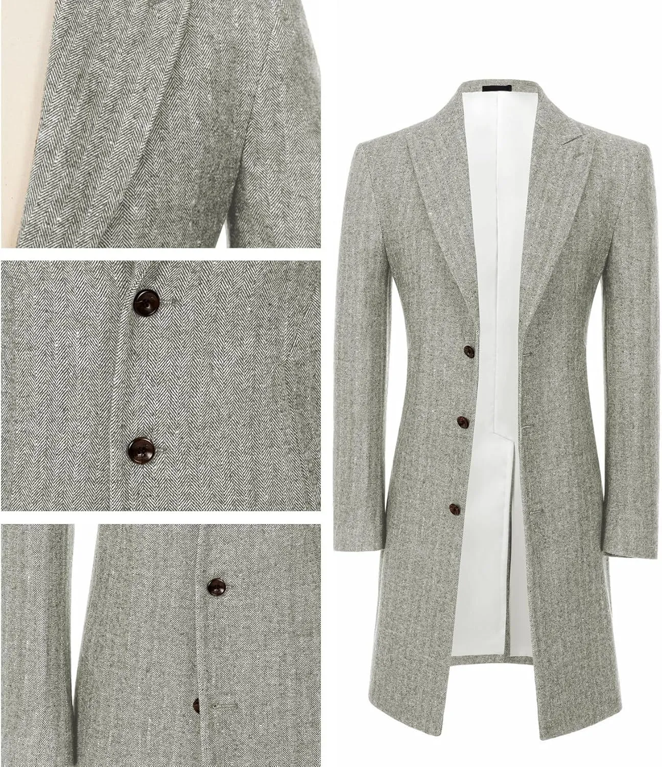 Mens Trench Coat Herringbone Wool Peak Lapel Single Breasted Long Slim Fit Pea Coat Business Suit Jacket for Men