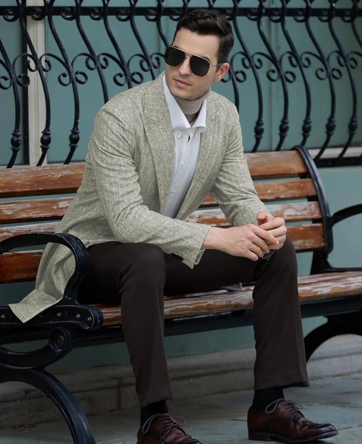 Mens Trench Coat Herringbone Wool Peak Lapel Single Breasted Long Slim Fit Pea Coat Business Suit Jacket for Men