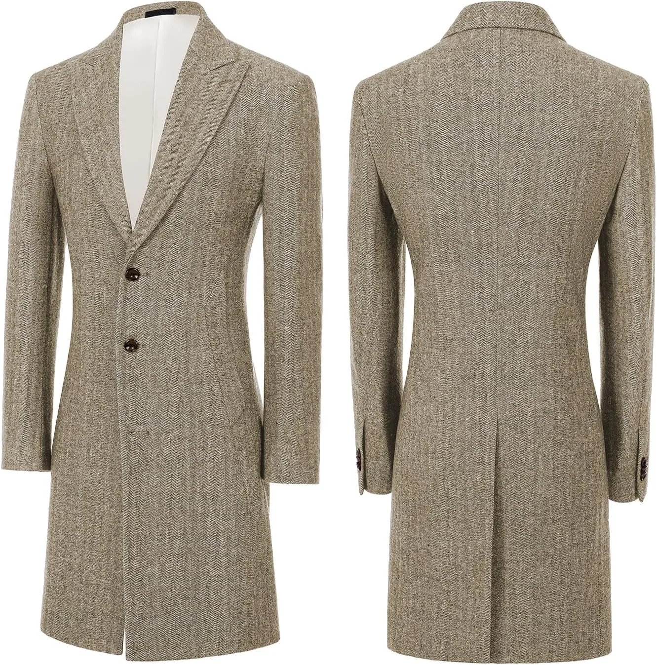 Mens Trench Coat Herringbone Wool Peak Lapel Single Breasted Long Slim Fit Pea Coat Business Suit Jacket for Men