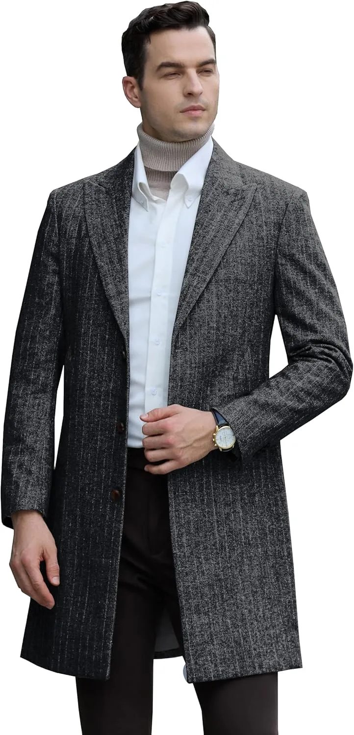 Mens Trench Coat Herringbone Wool Peak Lapel Single Breasted Long Slim Fit Pea Coat Business Suit Jacket for Men