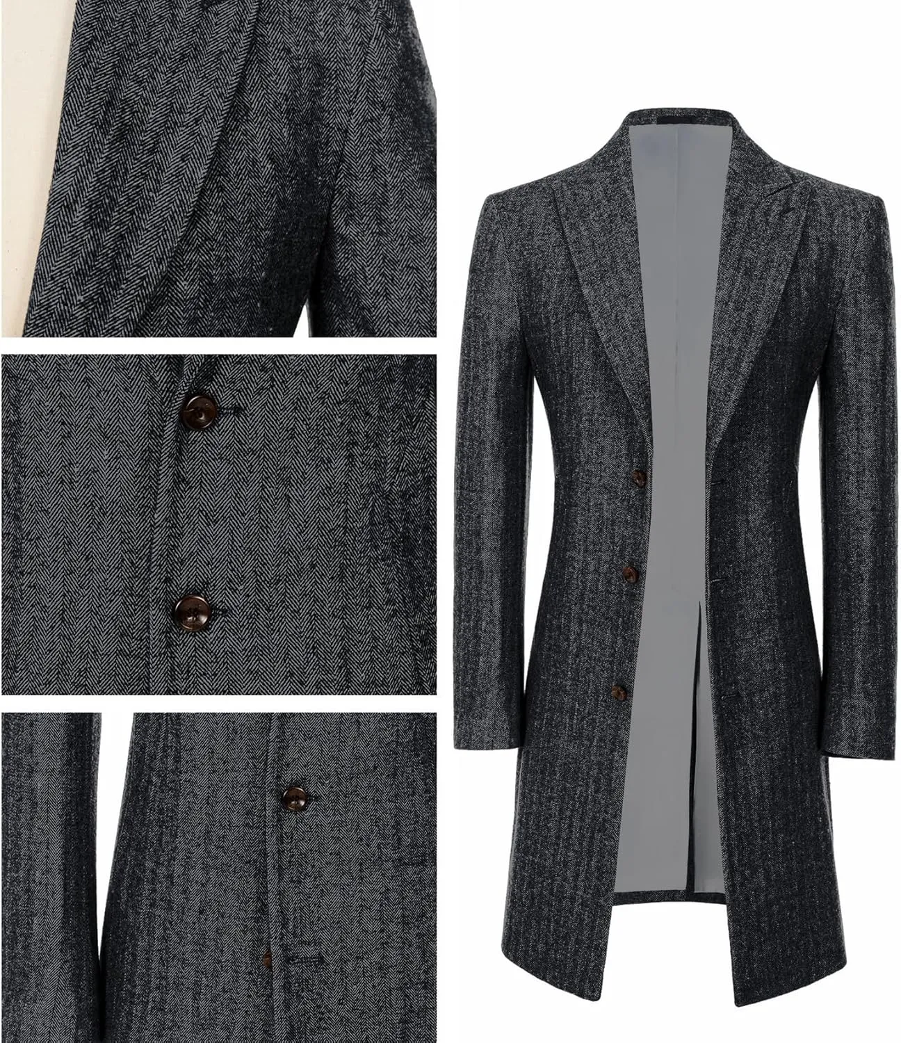 Mens Trench Coat Herringbone Wool Peak Lapel Single Breasted Long Slim Fit Pea Coat Business Suit Jacket for Men