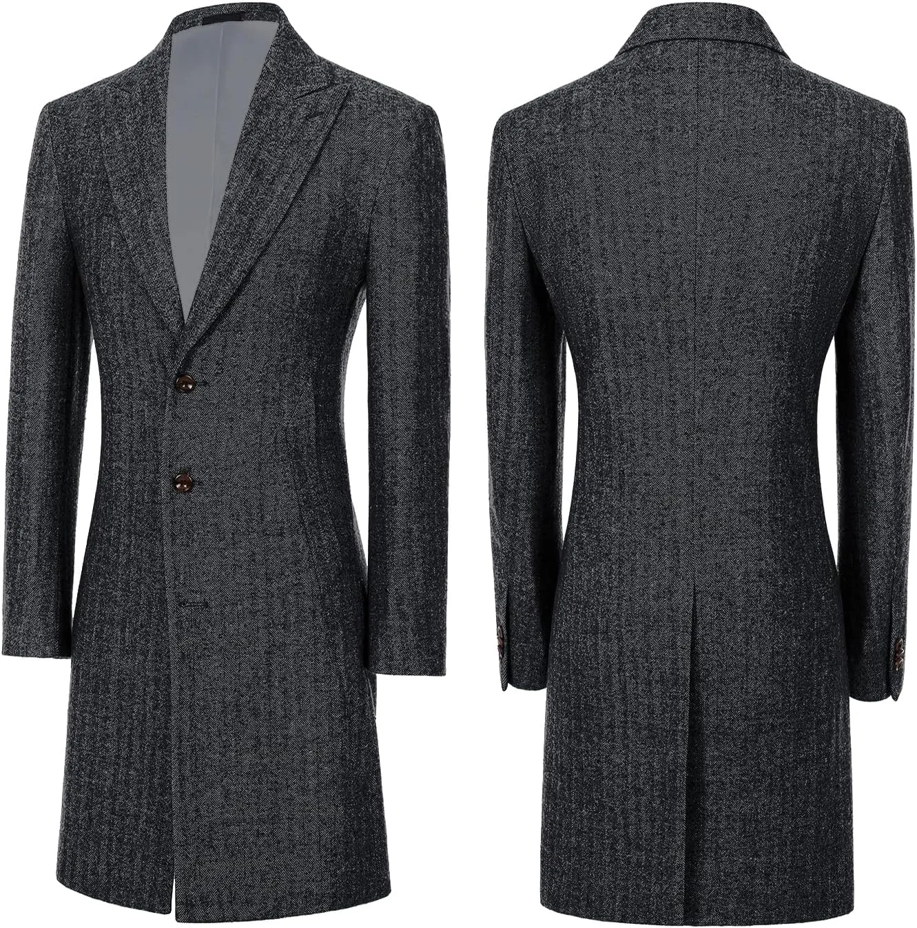 Mens Trench Coat Herringbone Wool Peak Lapel Single Breasted Long Slim Fit Pea Coat Business Suit Jacket for Men