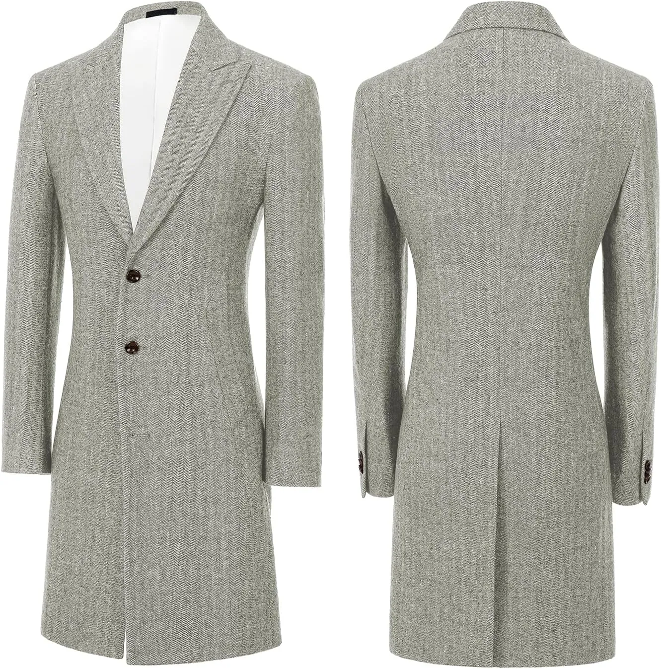 Mens Trench Coat Herringbone Wool Peak Lapel Single Breasted Long Slim Fit Pea Coat Business Suit Jacket for Men
