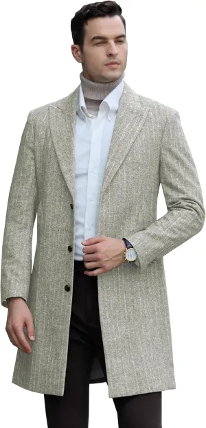 Mens Trench Coat Herringbone Wool Peak Lapel Single Breasted Long Slim Fit Pea Coat Business Suit Jacket for Men