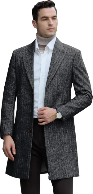 Mens Trench Coat Herringbone Wool Peak Lapel Single Breasted Long Slim Fit Pea Coat Business Suit Jacket for Men