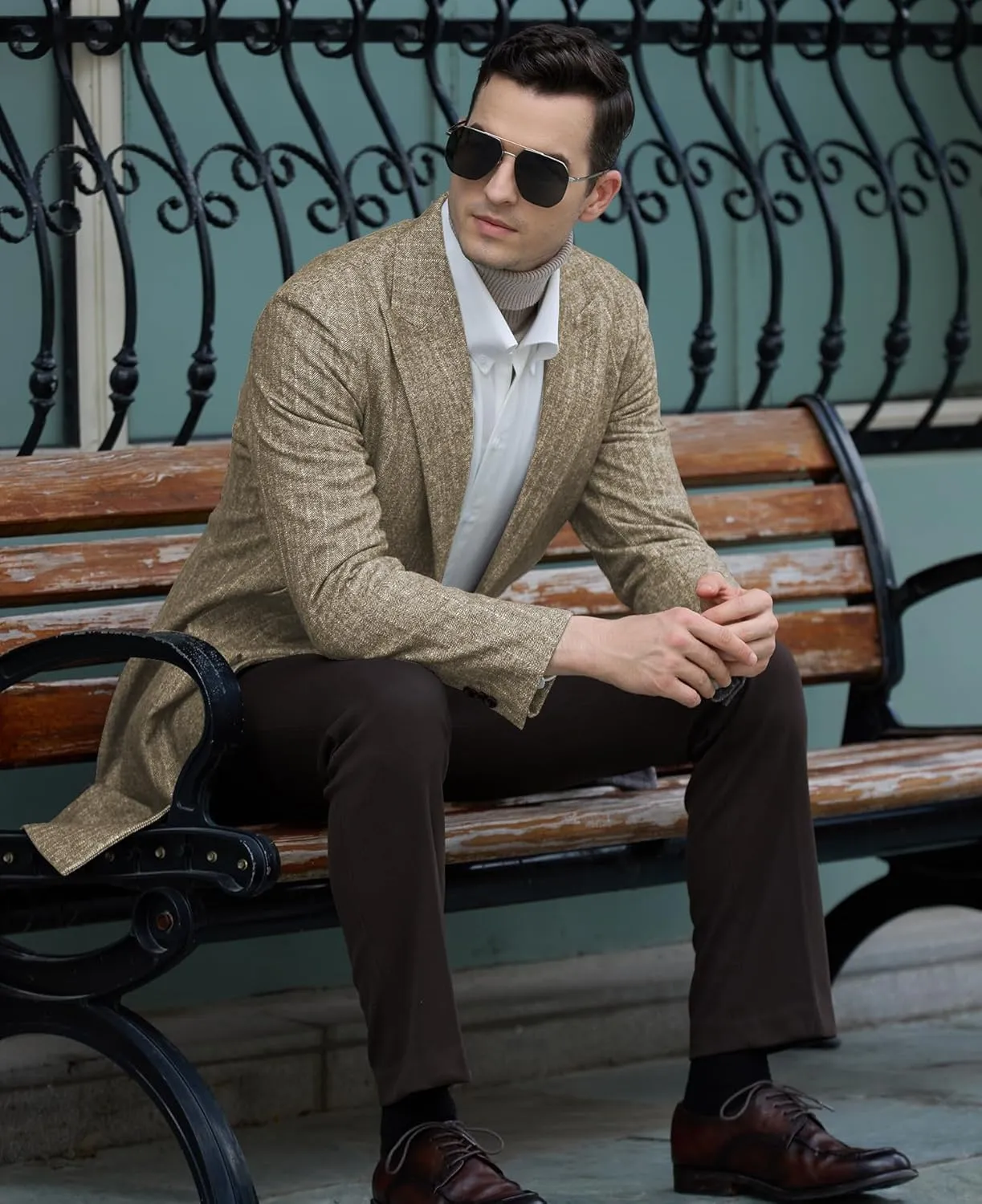 Mens Trench Coat Herringbone Wool Peak Lapel Single Breasted Long Slim Fit Pea Coat Business Suit Jacket for Men