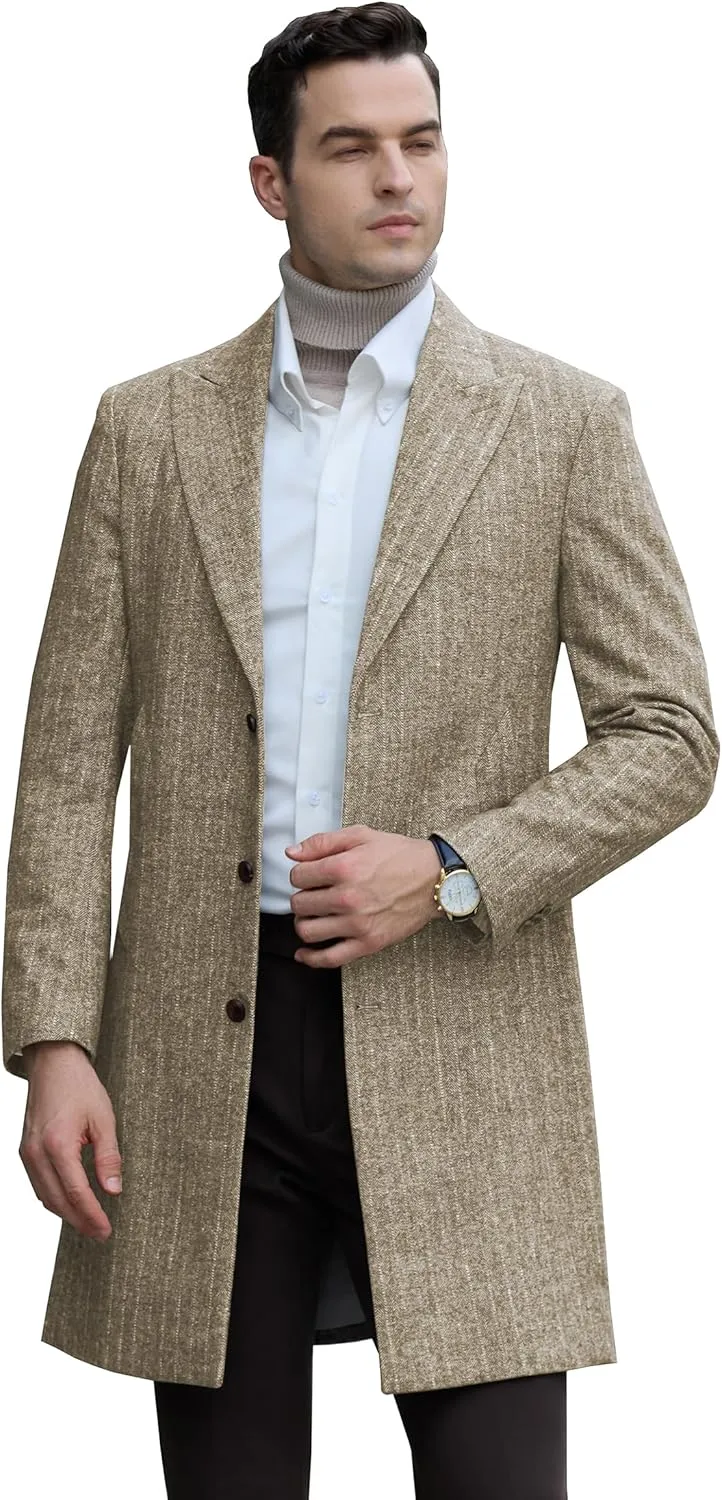 Mens Trench Coat Herringbone Wool Peak Lapel Single Breasted Long Slim Fit Pea Coat Business Suit Jacket for Men