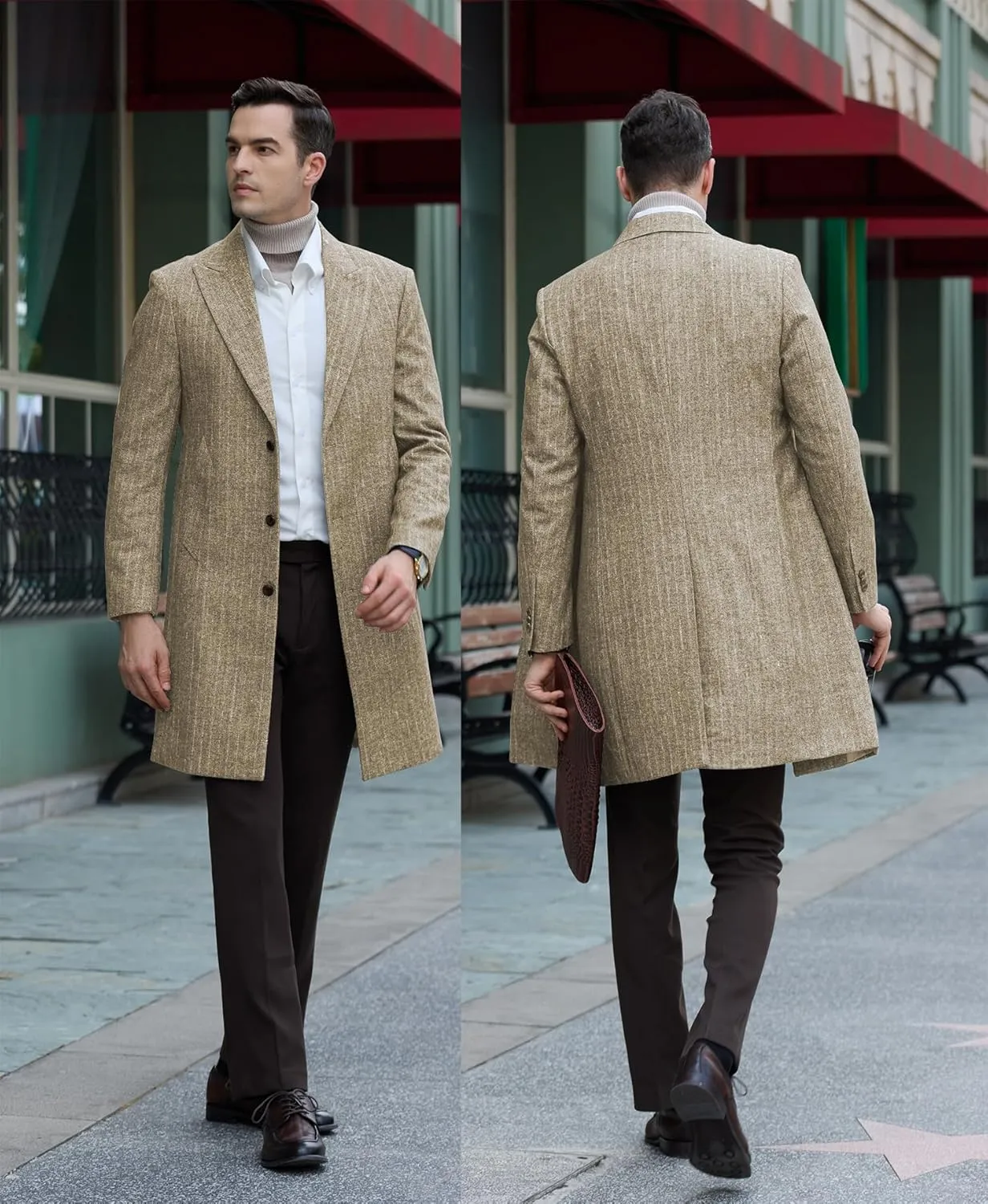 Mens Trench Coat Herringbone Wool Peak Lapel Single Breasted Long Slim Fit Pea Coat Business Suit Jacket for Men