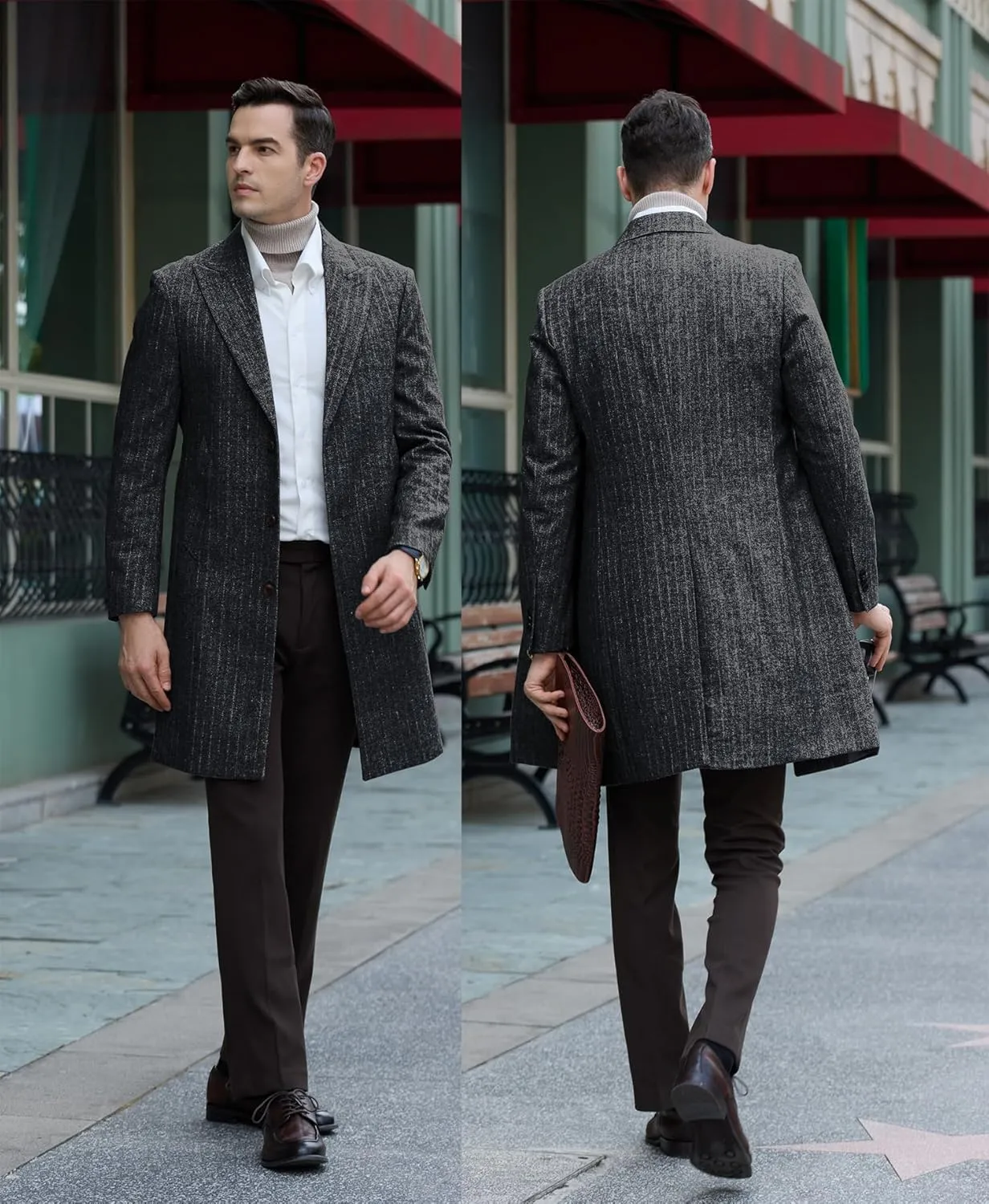 Mens Trench Coat Herringbone Wool Peak Lapel Single Breasted Long Slim Fit Pea Coat Business Suit Jacket for Men