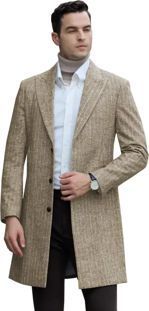 Mens Trench Coat Herringbone Wool Peak Lapel Single Breasted Long Slim Fit Pea Coat Business Suit Jacket for Men