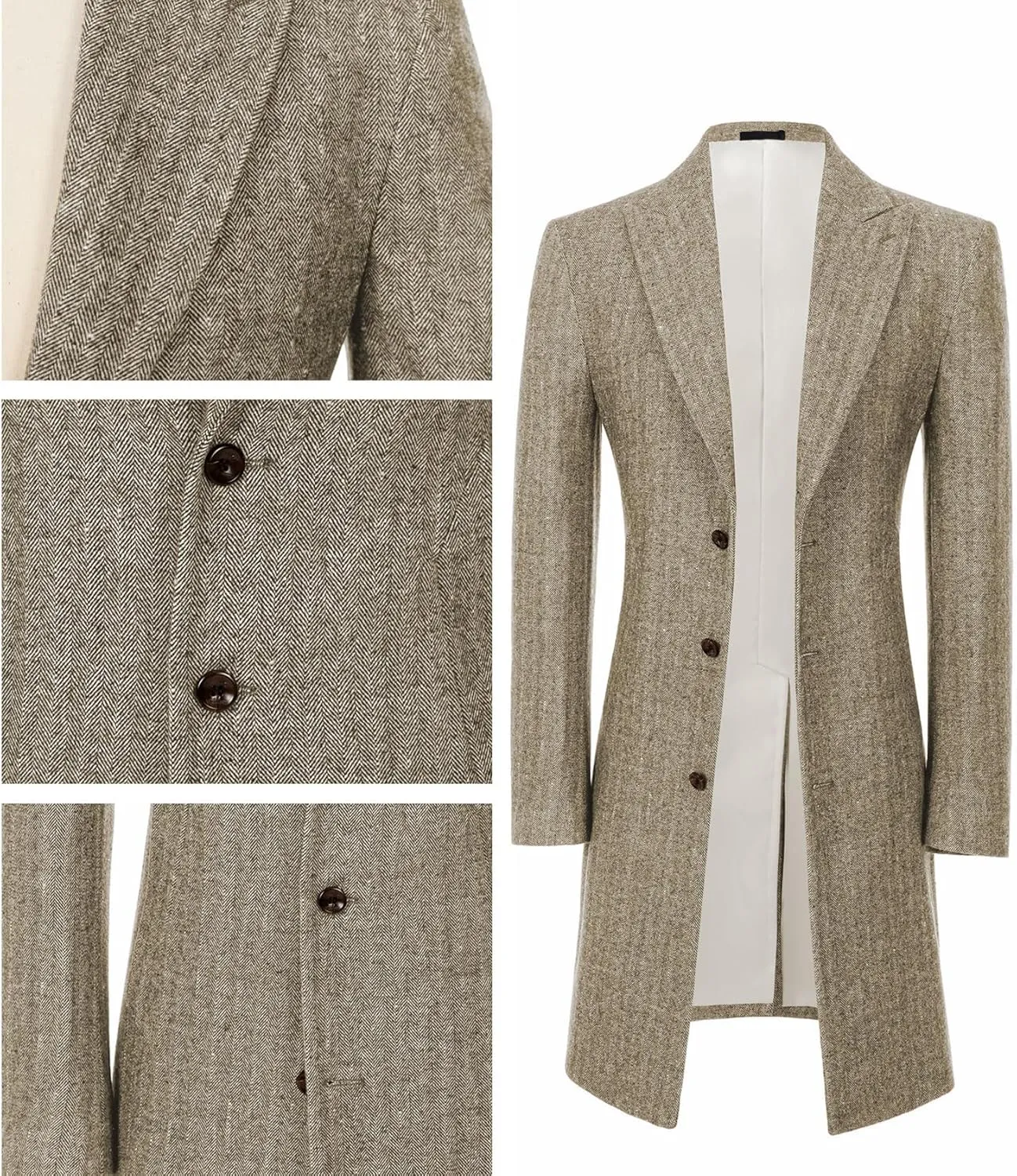 Mens Trench Coat Herringbone Wool Peak Lapel Single Breasted Long Slim Fit Pea Coat Business Suit Jacket for Men