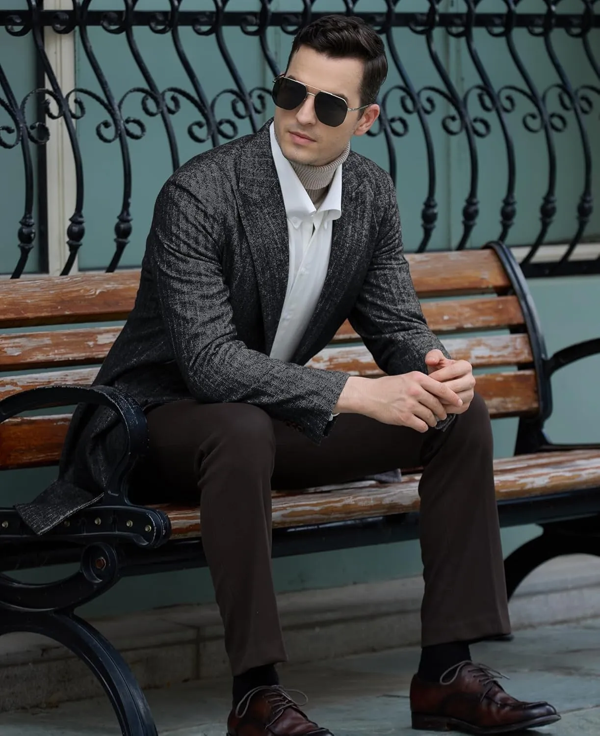 Mens Trench Coat Herringbone Wool Peak Lapel Single Breasted Long Slim Fit Pea Coat Business Suit Jacket for Men