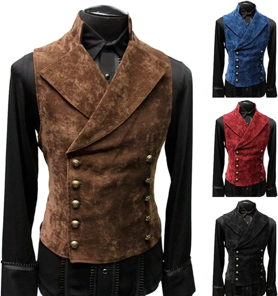 Men's Vintage Faux Suede Double Breasted Vest Slim Fit Steampunk Waistcoat Gentleman Tuxedo Prom Party Formal Suit