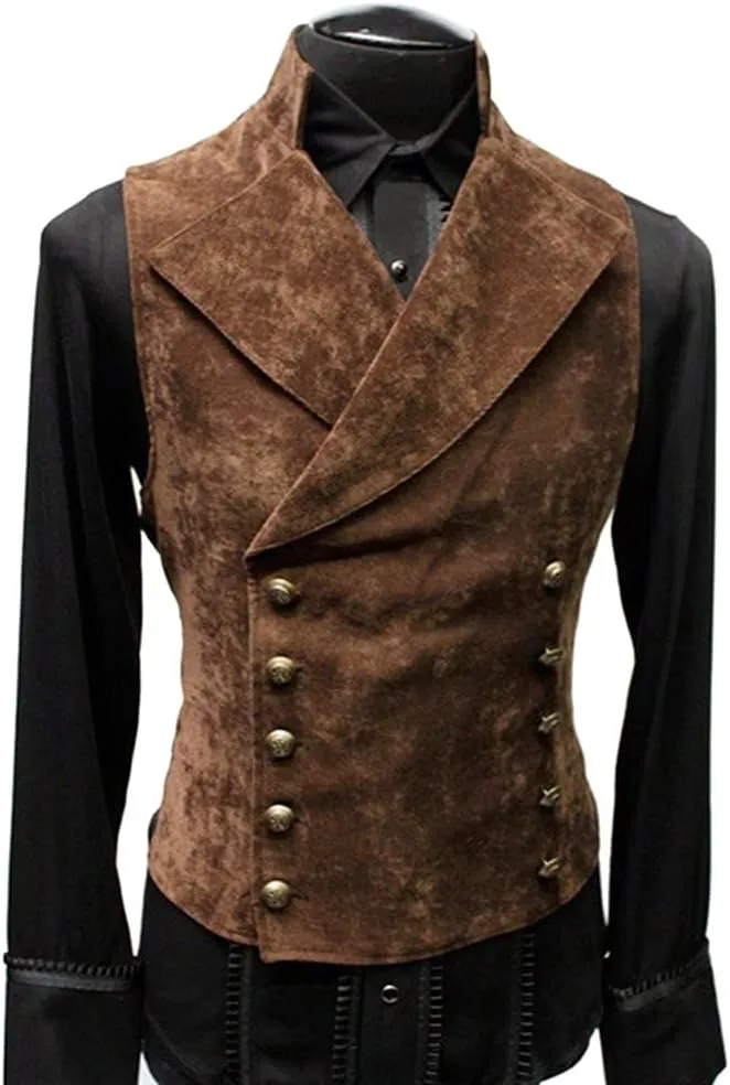 Men's Vintage Faux Suede Double Breasted Vest Slim Fit Steampunk Waistcoat Gentleman Tuxedo Prom Party Formal Suit