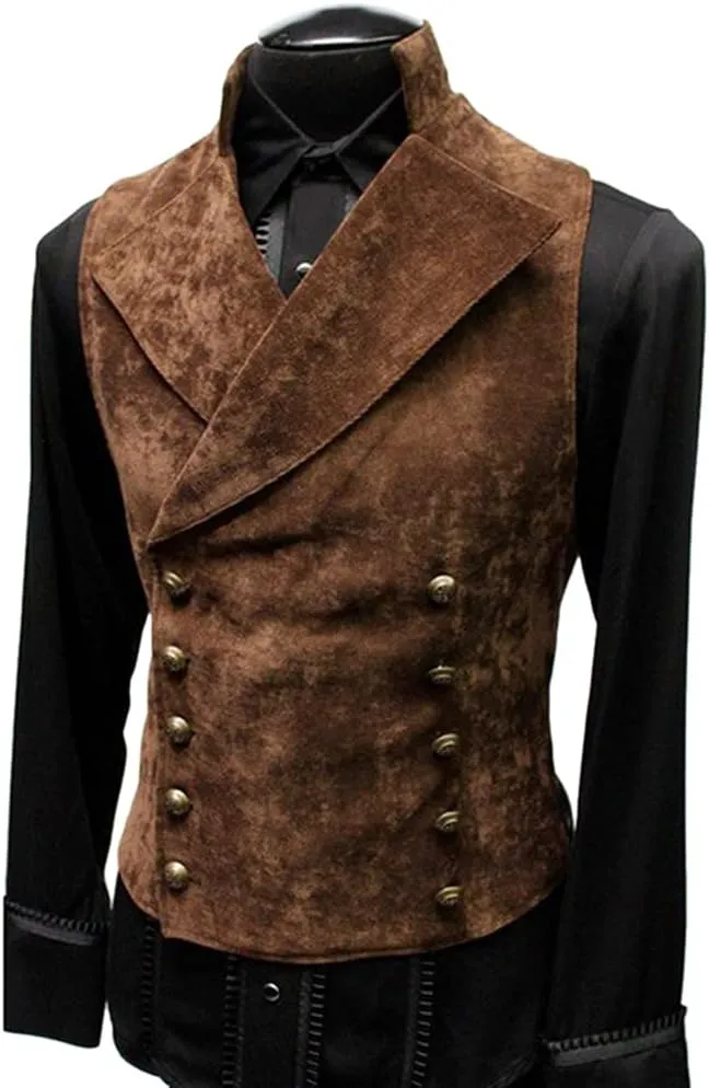 Men's Vintage Faux Suede Double Breasted Vest Slim Fit Steampunk Waistcoat Gentleman Tuxedo Prom Party Formal Suit