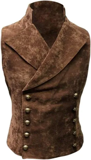 Men's Vintage Faux Suede Double Breasted Vest Slim Fit Steampunk Waistcoat Gentleman Tuxedo Prom Party Formal Suit