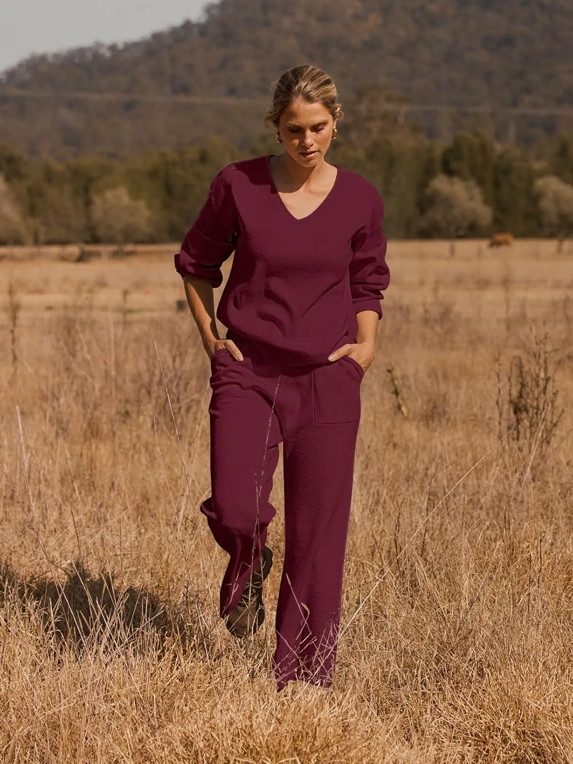 MEROKEETY Women's 2 Piece Outfits Long Sleeve V Neck Knit Pullover Tops and Wide Leg Pant Lounge Set