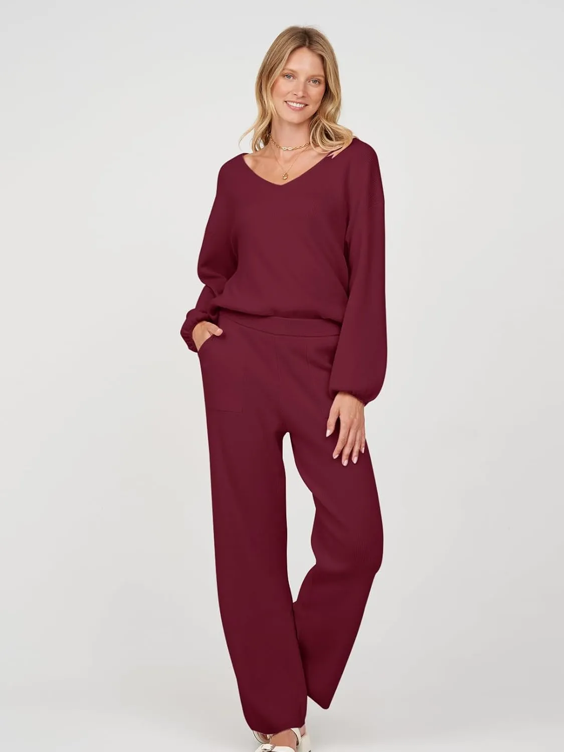 MEROKEETY Women's 2 Piece Outfits Long Sleeve V Neck Knit Pullover Tops and Wide Leg Pant Lounge Set