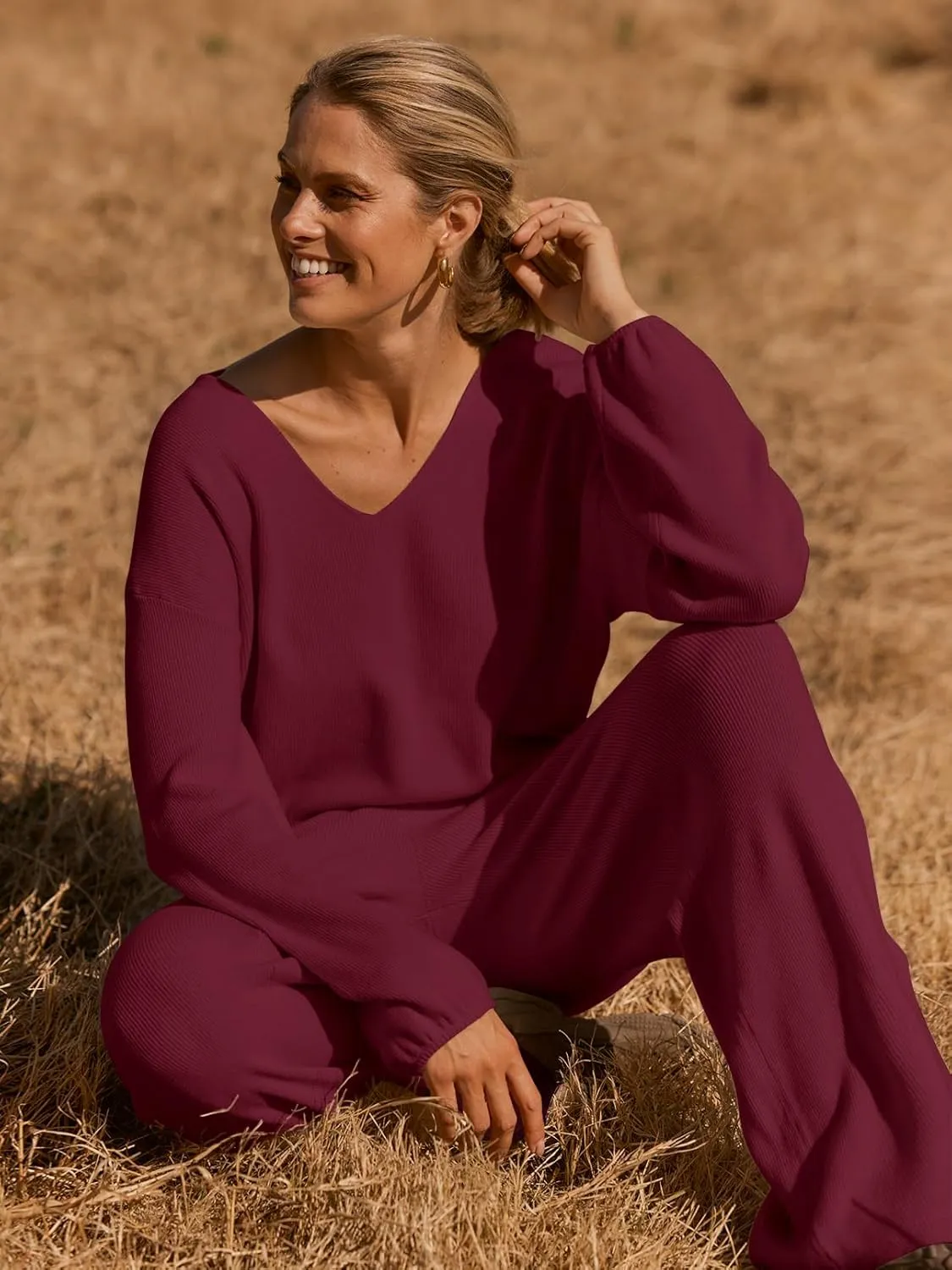 MEROKEETY Women's 2 Piece Outfits Long Sleeve V Neck Knit Pullover Tops and Wide Leg Pant Lounge Set
