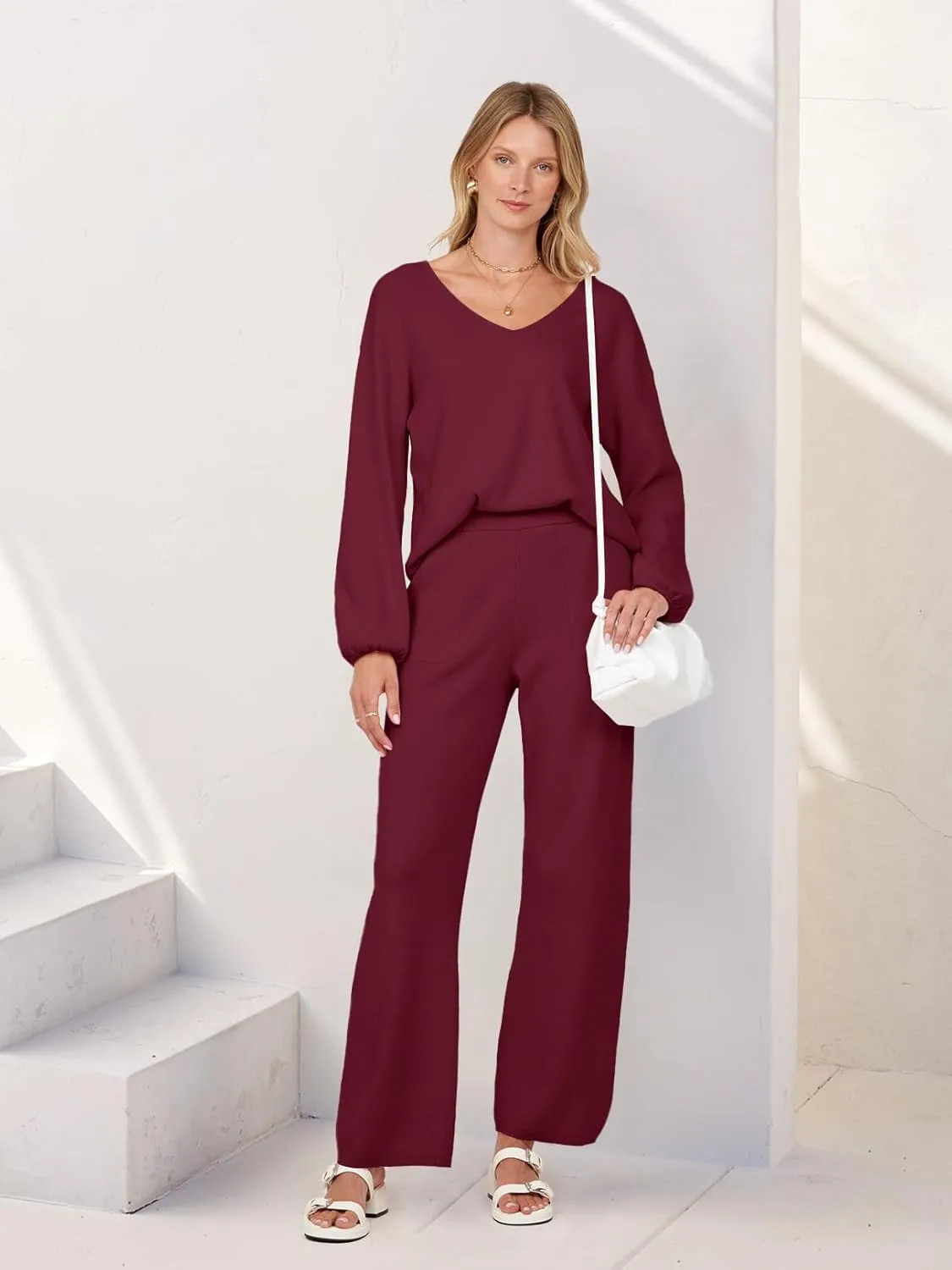 MEROKEETY Women's 2 Piece Outfits Long Sleeve V Neck Knit Pullover Tops and Wide Leg Pant Lounge Set