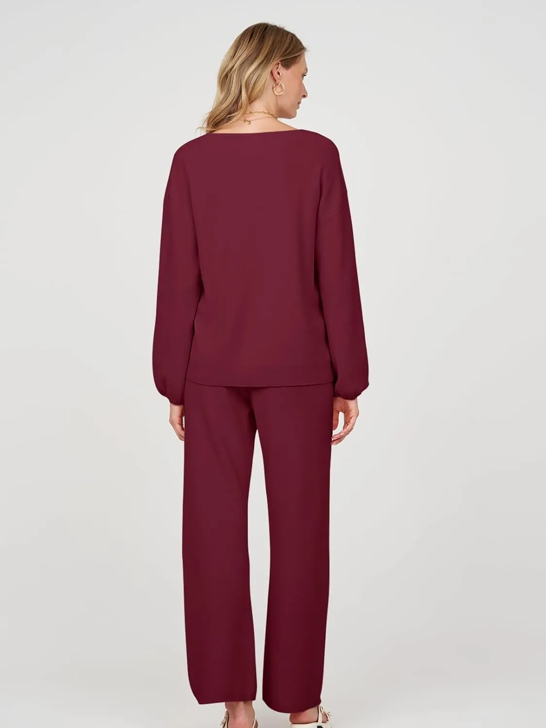 MEROKEETY Women's 2 Piece Outfits Long Sleeve V Neck Knit Pullover Tops and Wide Leg Pant Lounge Set