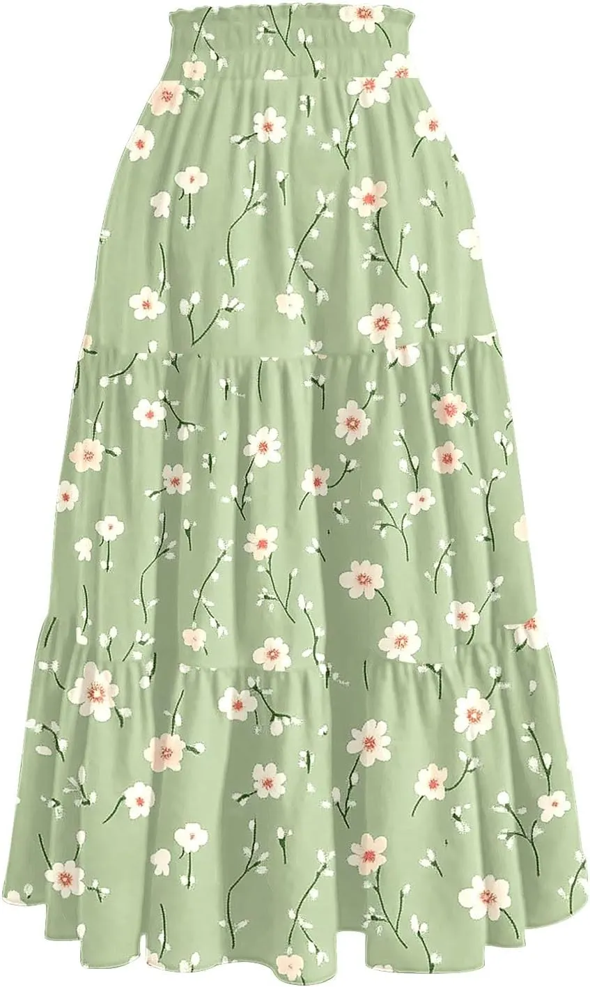 Midi Skirts for Women Elastic High Waisted Drawstring Tiered Skirt Floral Ruched Ruffle A Line Skirt with Pocket