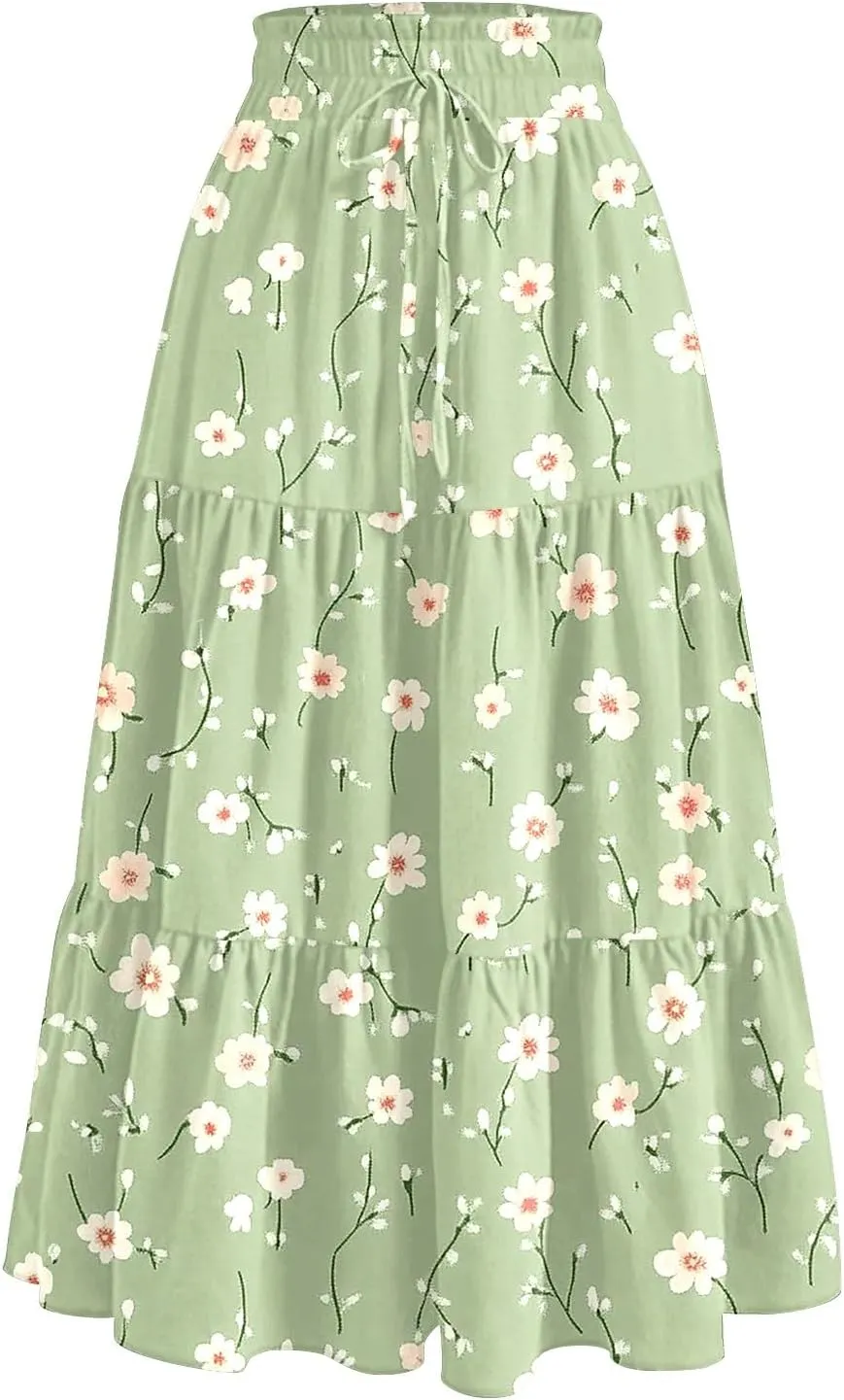 Midi Skirts for Women Elastic High Waisted Drawstring Tiered Skirt Floral Ruched Ruffle A Line Skirt with Pocket