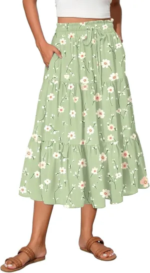 Midi Skirts for Women Elastic High Waisted Drawstring Tiered Skirt Floral Ruched Ruffle A Line Skirt with Pocket