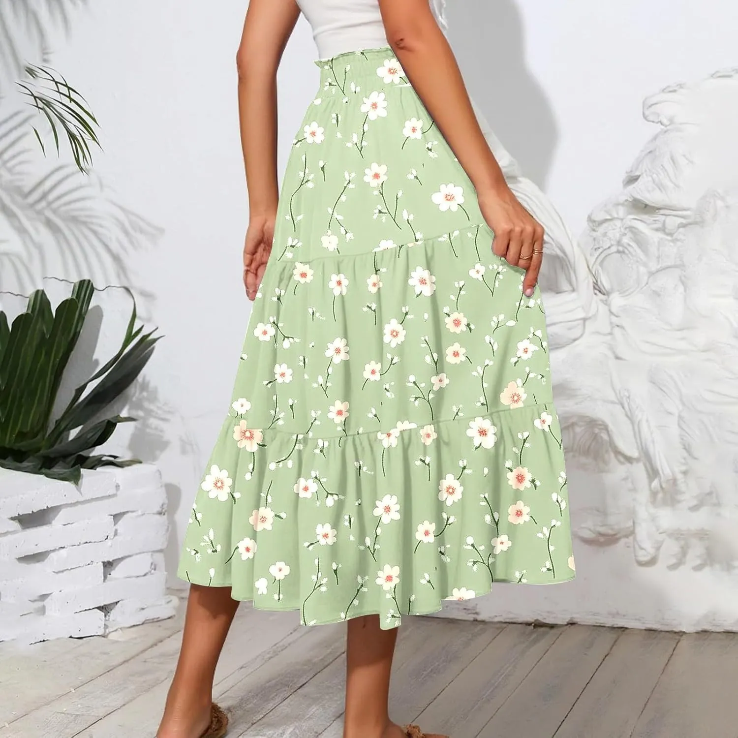 Midi Skirts for Women Elastic High Waisted Drawstring Tiered Skirt Floral Ruched Ruffle A Line Skirt with Pocket