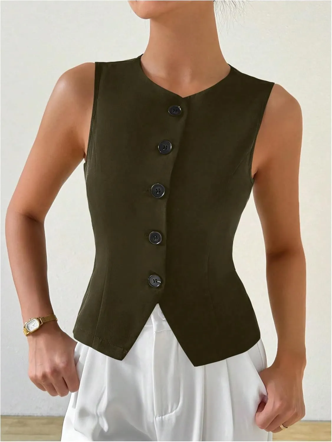 Milumia Women's Button Front Crew Neck Casual Business Sleeveless Blazer Vest