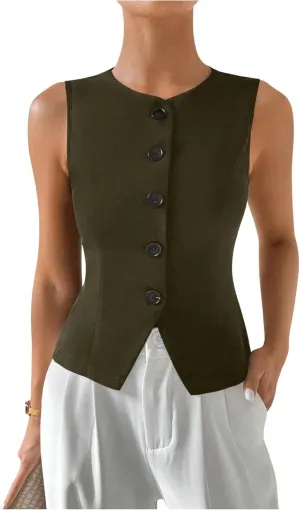 Milumia Women's Button Front Crew Neck Casual Business Sleeveless Blazer Vest