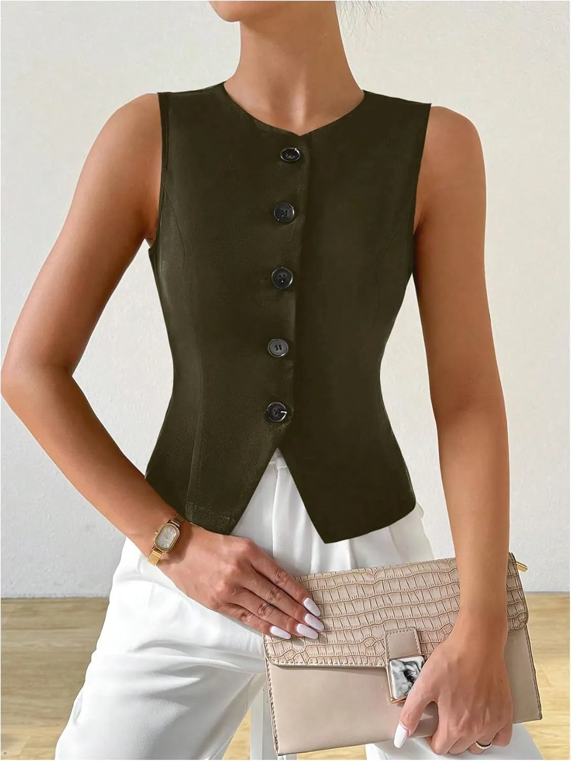 Milumia Women's Button Front Crew Neck Casual Business Sleeveless Blazer Vest