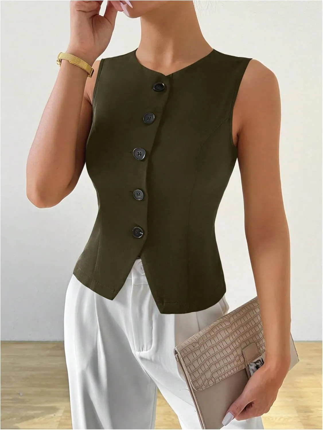 Milumia Women's Button Front Crew Neck Casual Business Sleeveless Blazer Vest