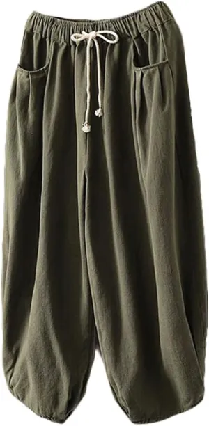 Minibee Women's Baggy Harem Pants Wide Leg Casual Pant Summer Cotton Drawstring Trousers with Pockets