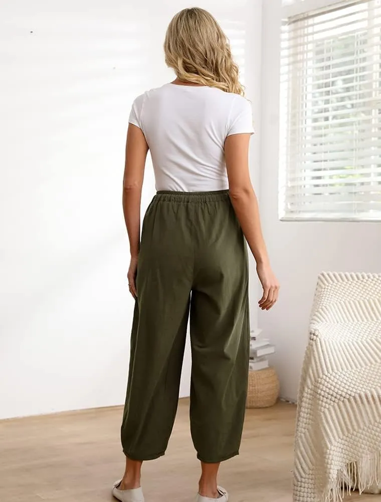 Minibee Women's Baggy Harem Pants Wide Leg Casual Pant Summer Cotton Drawstring Trousers with Pockets