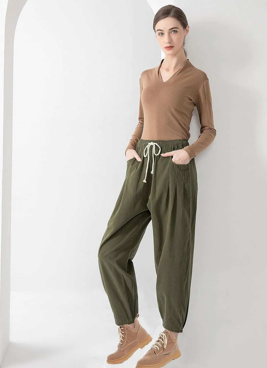 Minibee Women's Baggy Harem Pants Wide Leg Casual Pant Summer Cotton Drawstring Trousers with Pockets