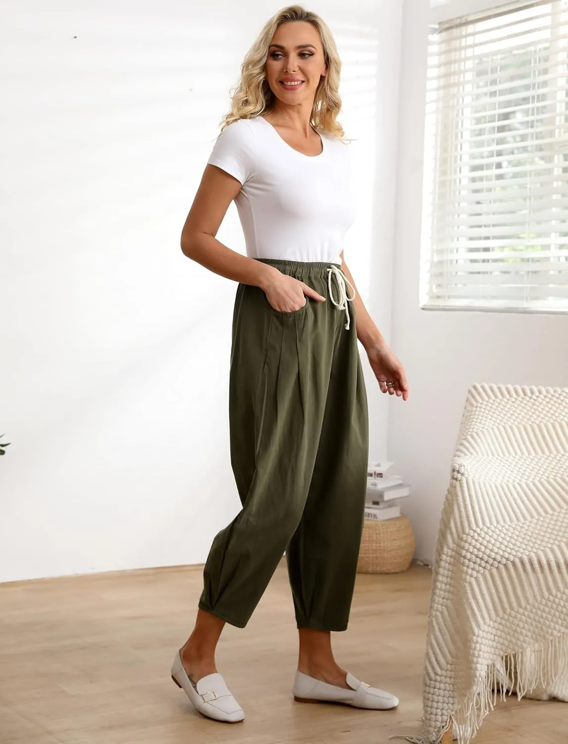 Minibee Women's Baggy Harem Pants Wide Leg Casual Pant Summer Cotton Drawstring Trousers with Pockets