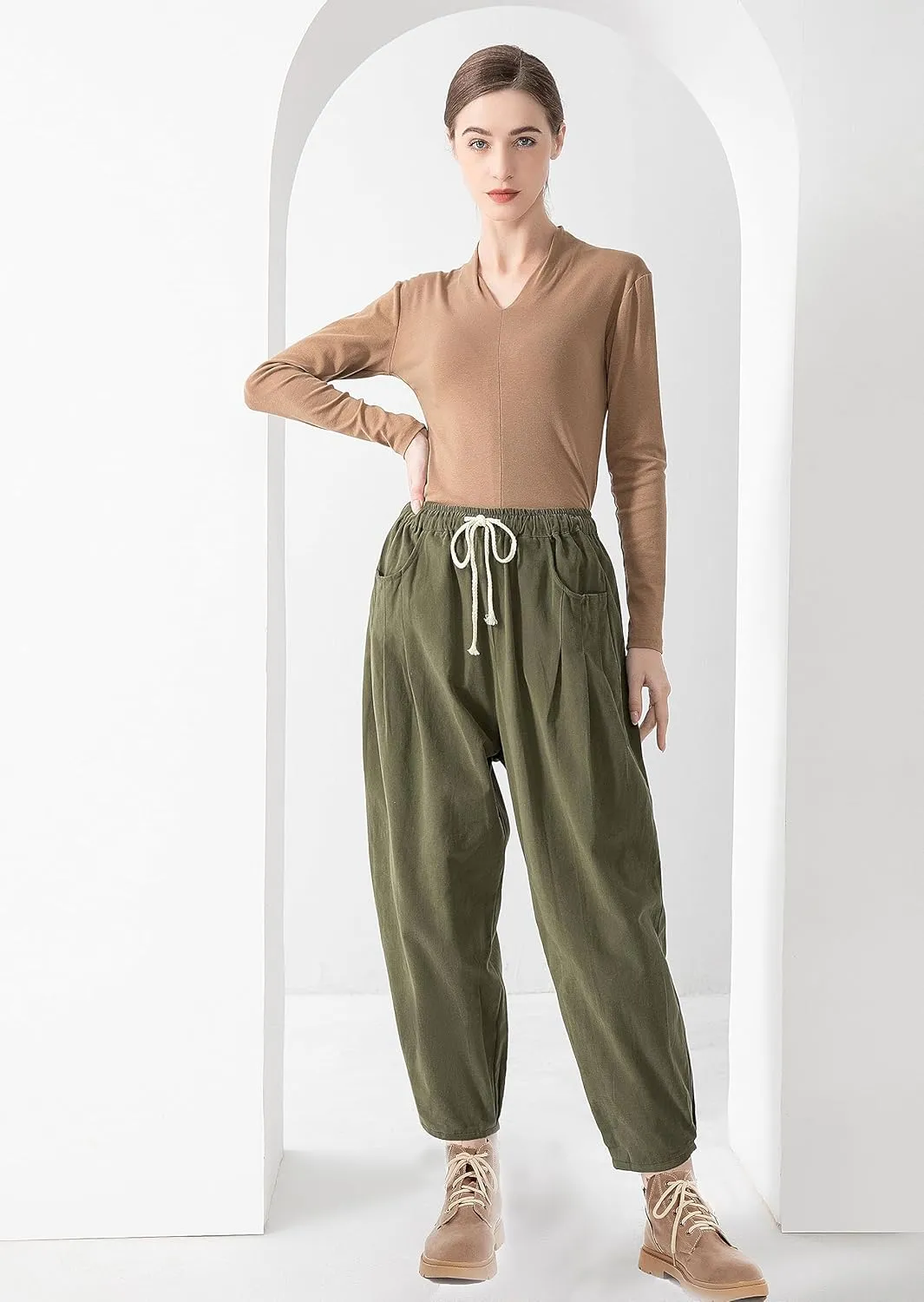 Minibee Women's Baggy Harem Pants Wide Leg Casual Pant Summer Cotton Drawstring Trousers with Pockets