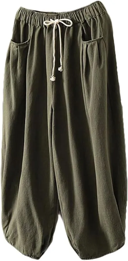 Minibee Women's Baggy Harem Pants Wide Leg Casual Pant Summer Cotton Drawstring Trousers with Pockets