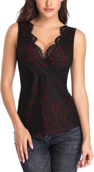 MISS MOLY Women's Scallop V Neck Sexy Sleeveless Lace Tank Top Elegant Slim Fit Summer Tops Blouse Shirts