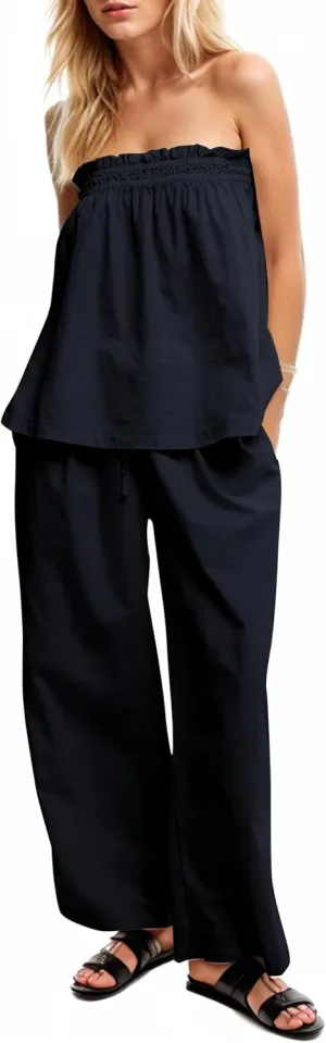 MISSACTIVER Women's Two Piece Outfit Strapless Tube Top and Beach Wide Leg Pants Set 2 Piece Lounge Set with Side Pockets