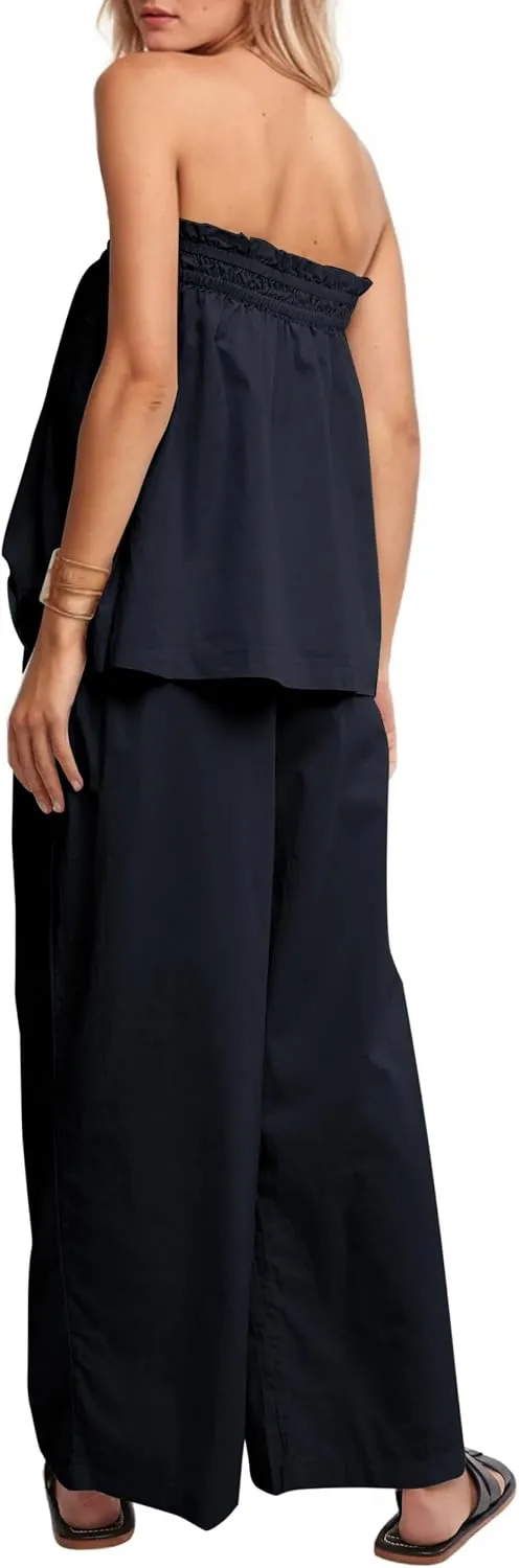 MISSACTIVER Women's Two Piece Outfit Strapless Tube Top and Beach Wide Leg Pants Set 2 Piece Lounge Set with Side Pockets